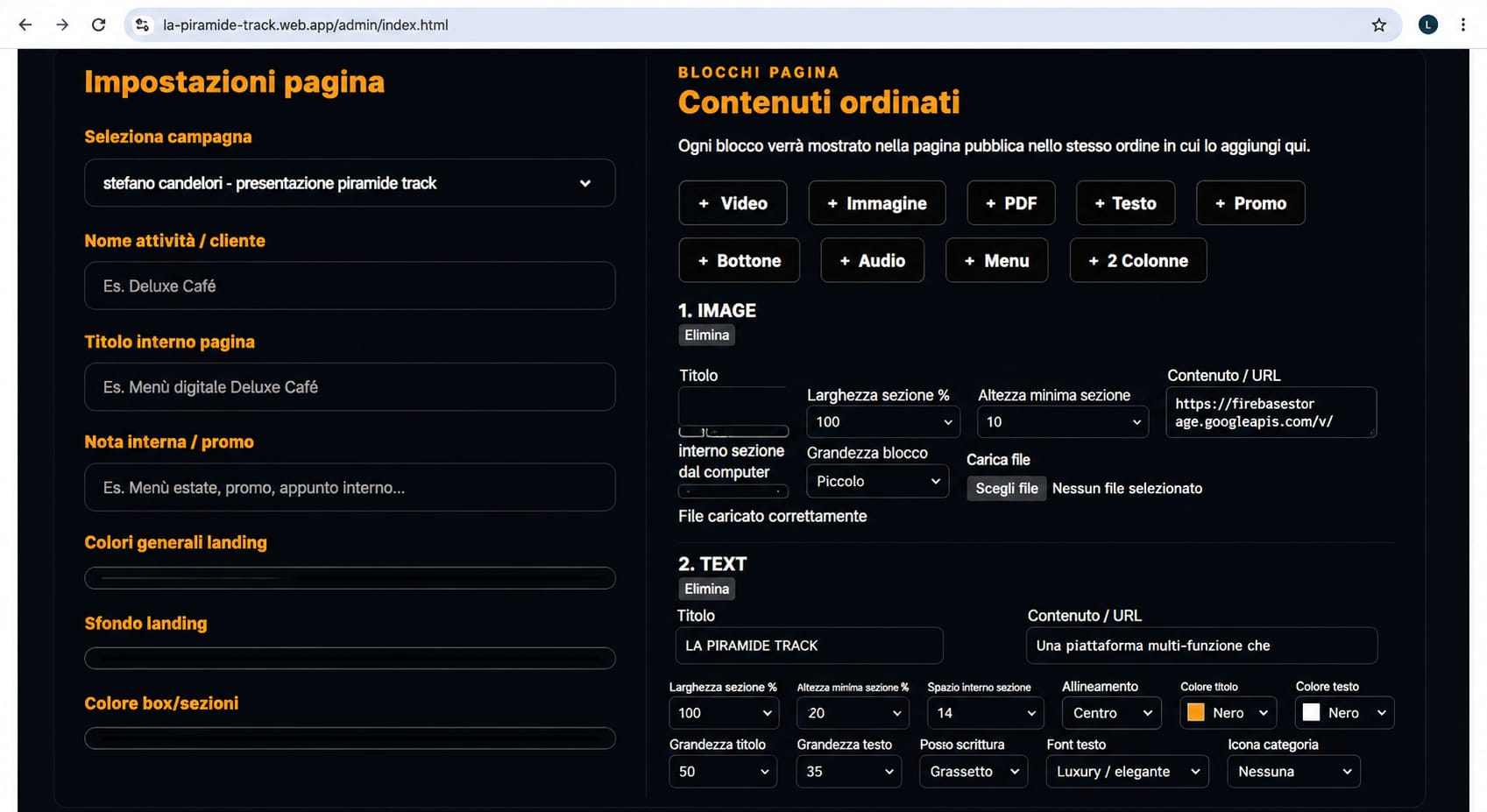 Landing page creata con La Piramide Track
